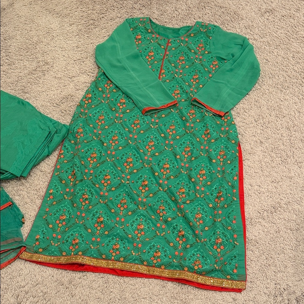 Salwar Kameez Pistachio and Orange Embroidered 3 Piece Set